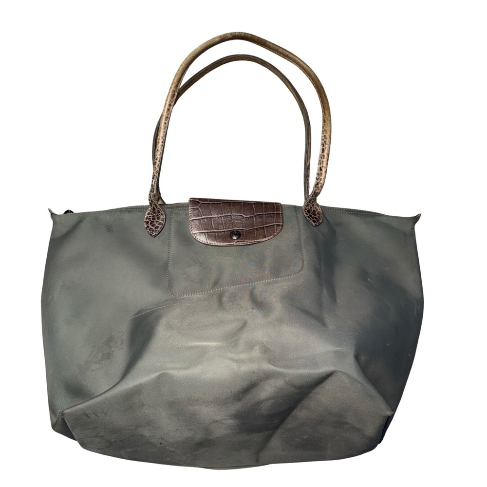 Longchamp Le Pliage Tote Womens Large Olive Green Fair Croc Embossed Trim